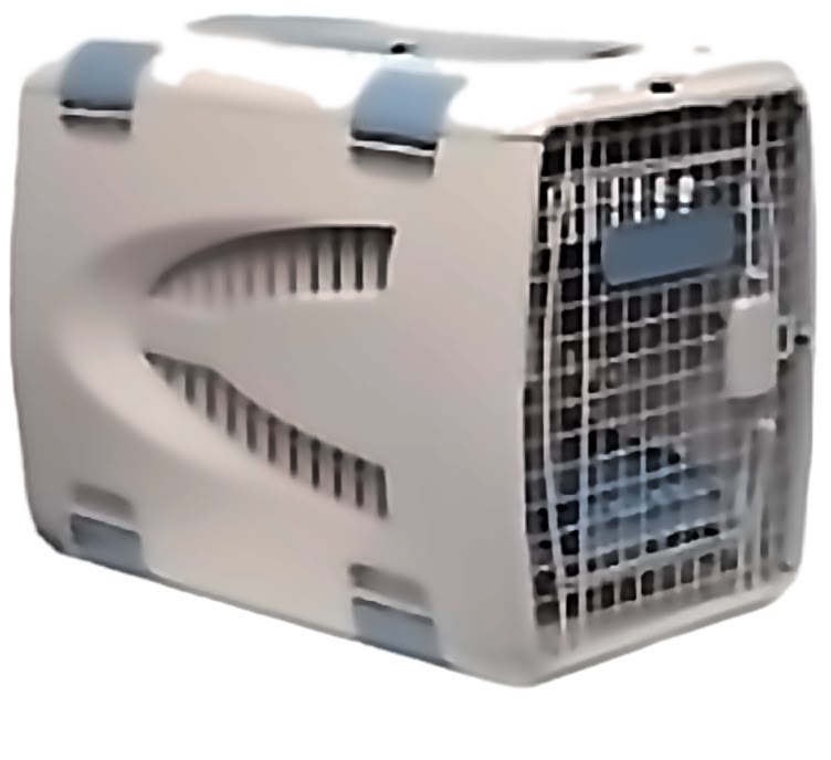 A small tan hard-sided pet carrier with curved ventilation panels