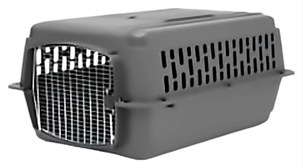 A grey hard-sided travel kennel with a wire door and side ventilation