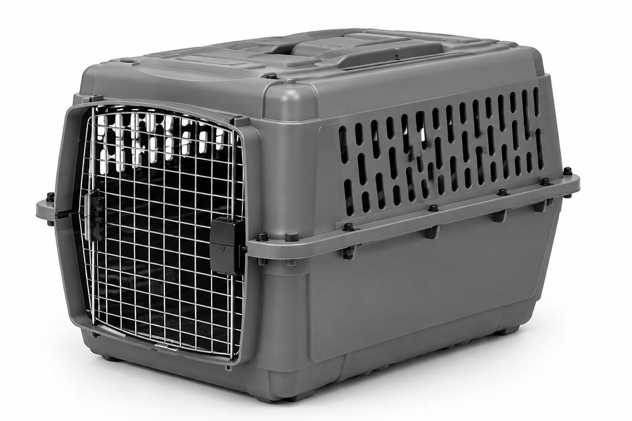 A grey heavy-duty hard-sided travel kennel with a wire door
