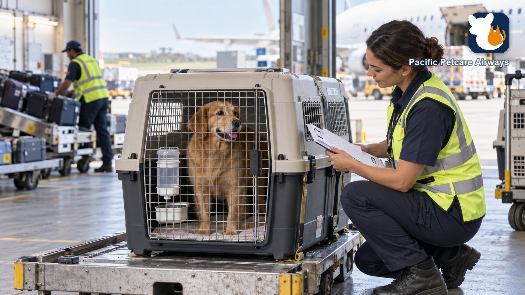 A Pacific Petcare Airways staff member checking on a golden retriever in its travel crate before a flight