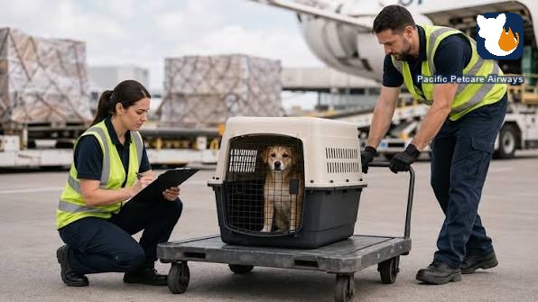 Pacific Petcare Airways staff loading a dog in a travel crate onto a cargo cart at an airport