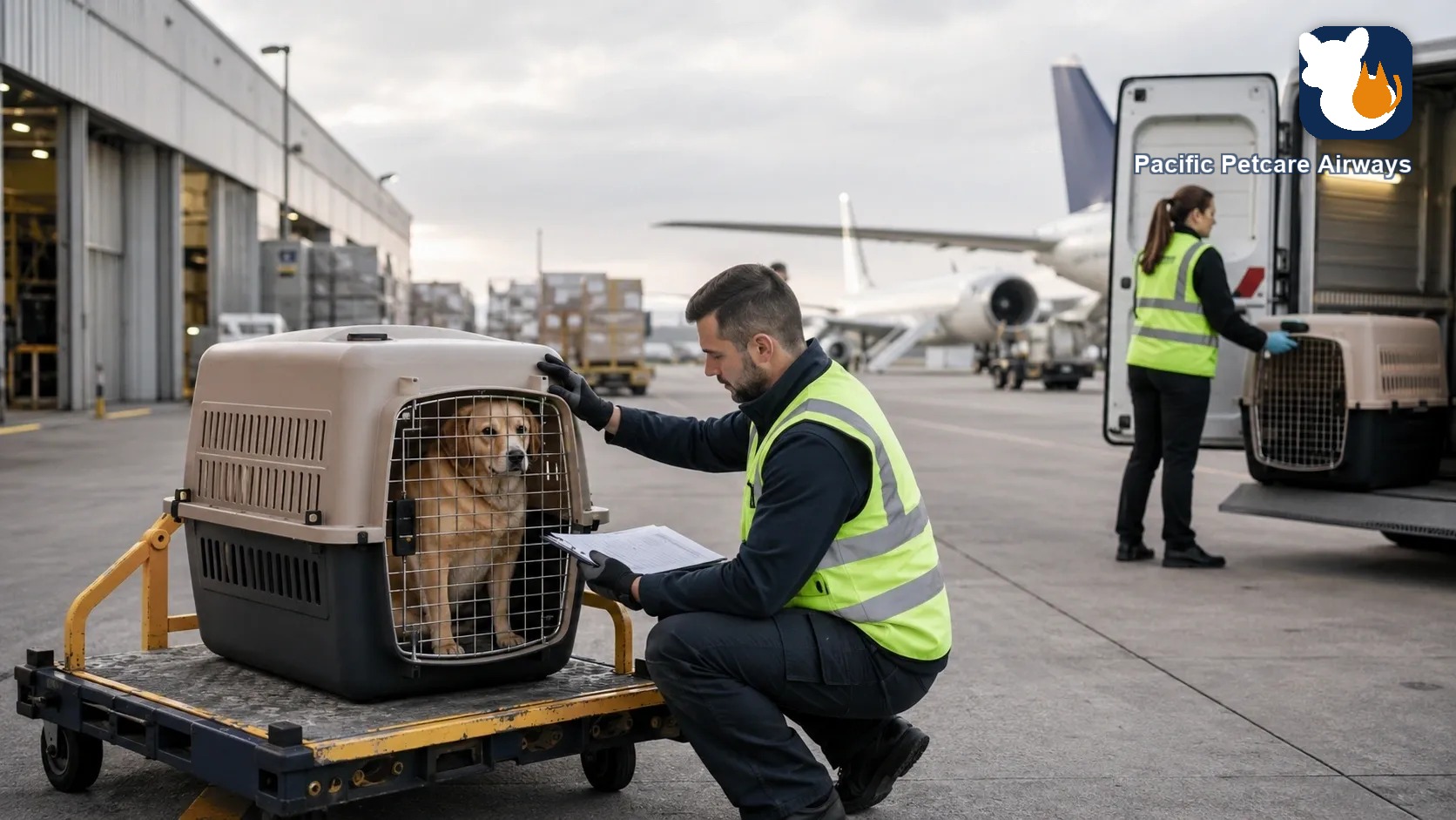 Pacific Petcare Airways staff checking on a dog in its travel crate on the tarmac, with another staff member loading a crate into a van